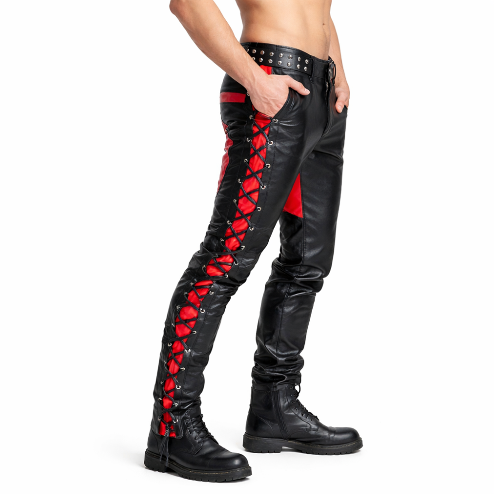 Men’s Cowhide Leather Biker Pants – Lace-Up Front & Side In Three Contrast Colors