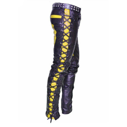 Men’s Cowhide Leather Biker Pants – Lace-Up Front & Side In Three Contrast Colors