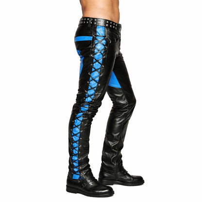 Men’s Cowhide Leather Biker Pants – Lace-Up Front & Side In Three Contrast Colors