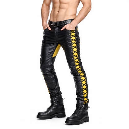Men’s Cowhide Leather Biker Pants – Lace-Up Front & Side In Three Contrast Colors