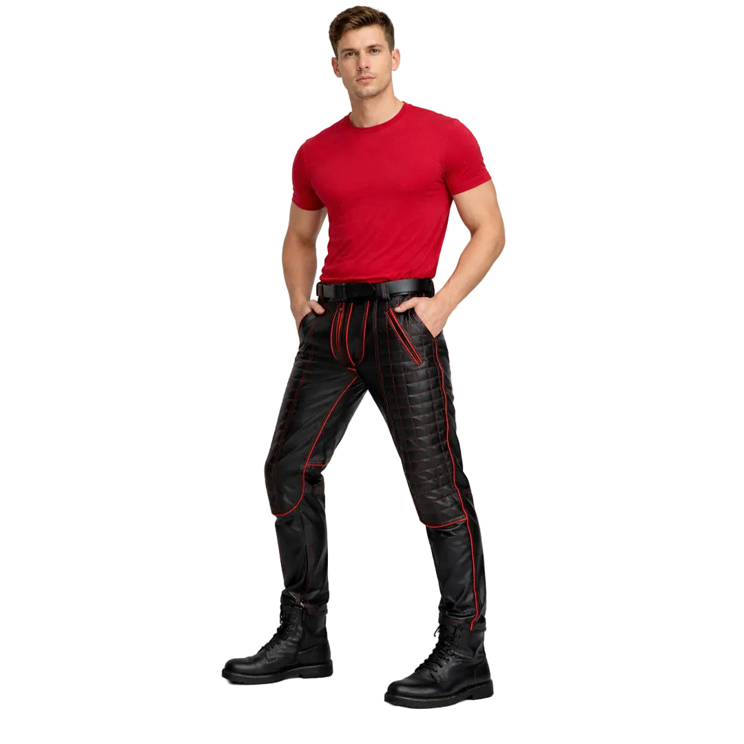Men's Cowhide Leather Biker Pants with Quilted Panels & Piping