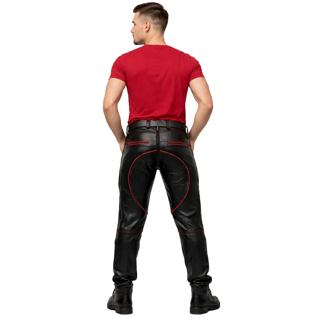 Men's Cowhide Leather Biker Pants with Quilted Panels & Piping