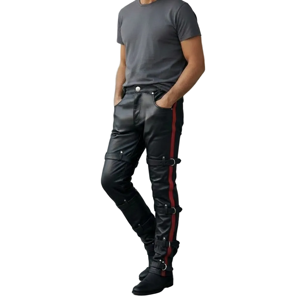 Men’s Cowhide Leather Pants with Red PAW Logo & Buckle Straps