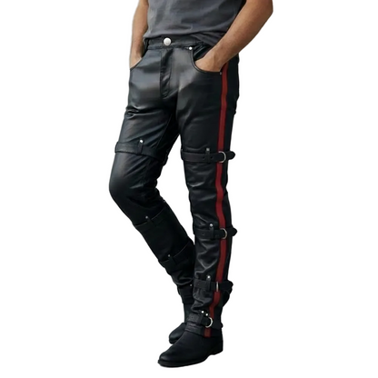 Men’s Cowhide Leather Pants with Red PAW Logo & Buckle Straps