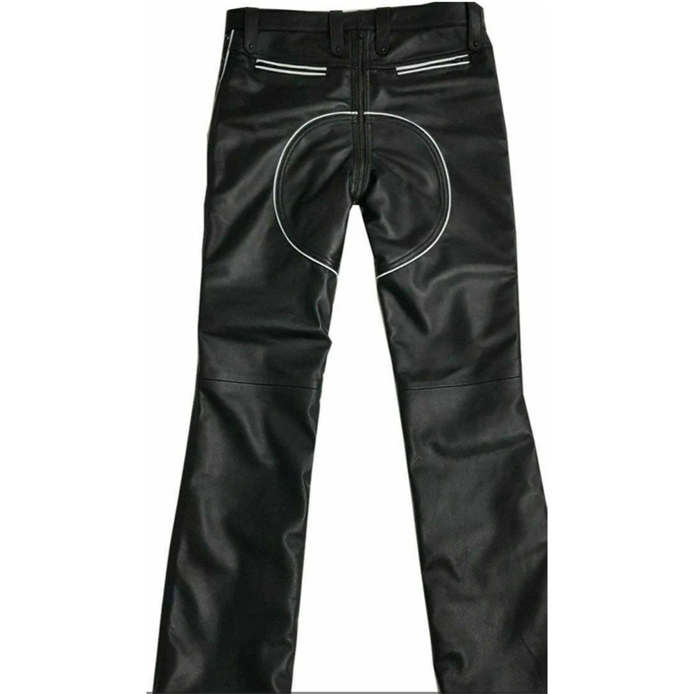 Men’s Quilted Cowhide Leather Biker Pants with Contrast Piping
