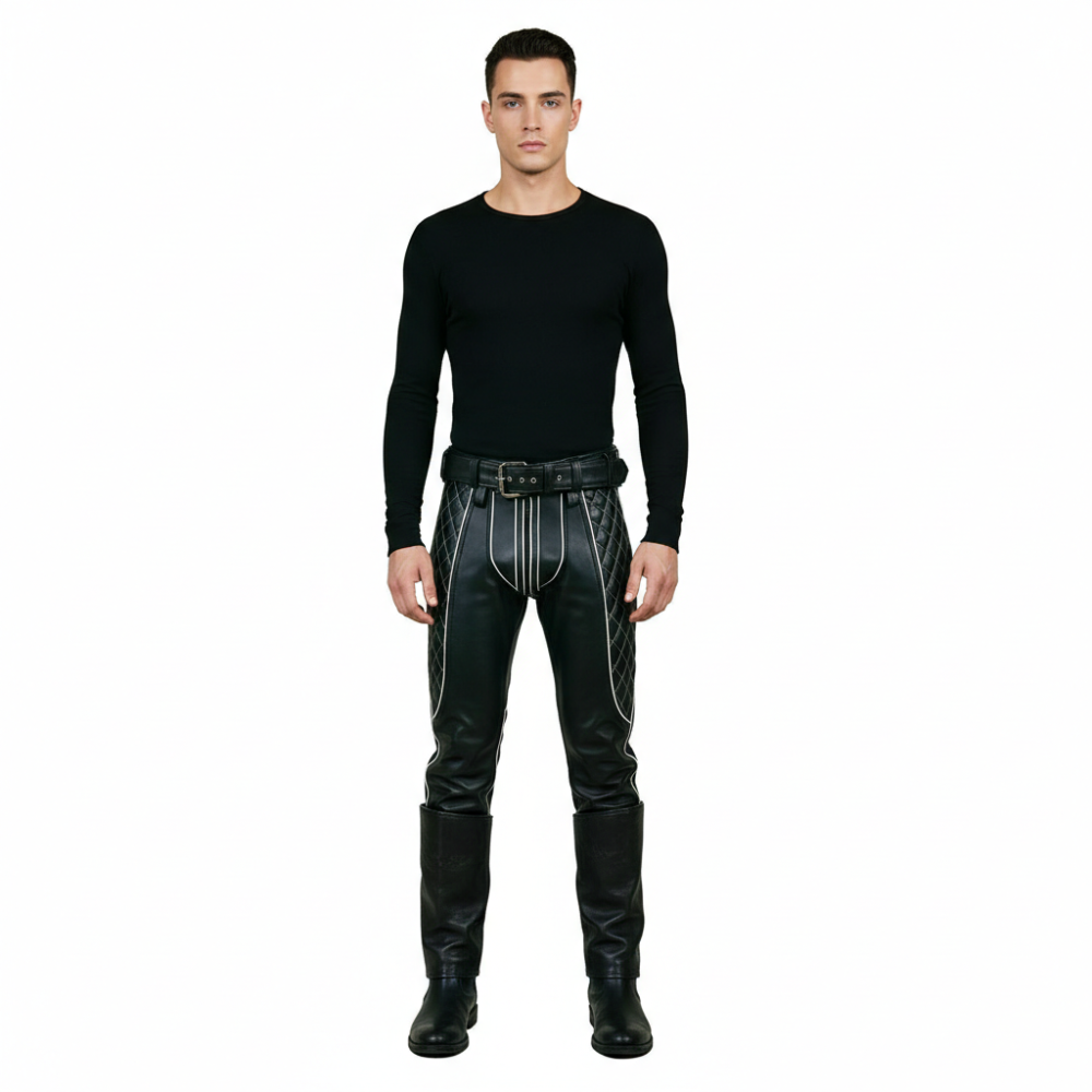 Men’s Quilted Cowhide Leather Biker Pants with Contrast Piping