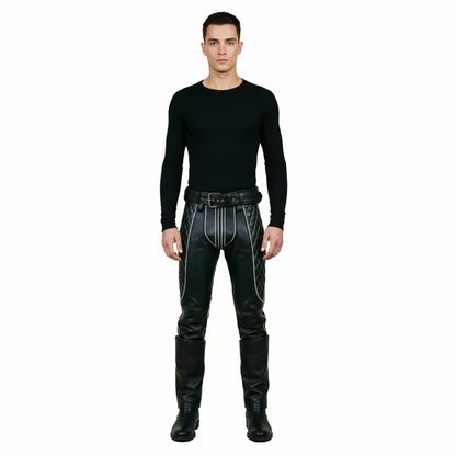 Men’s Quilted Cowhide Leather Biker Pants with Contrast Piping