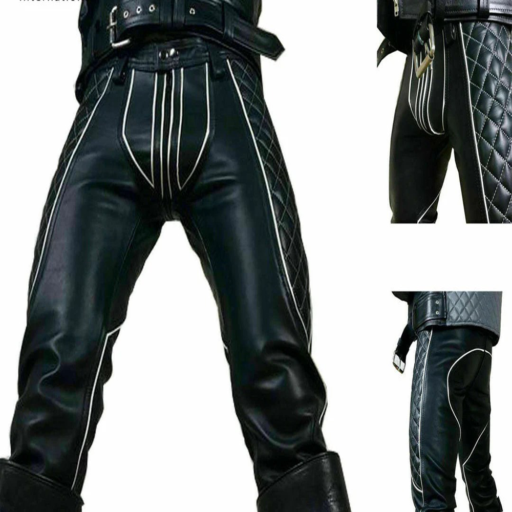 Men’s Quilted Cowhide Leather Biker Pants with Contrast Piping