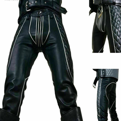Men’s Quilted Cowhide Leather Biker Pants with Contrast Piping