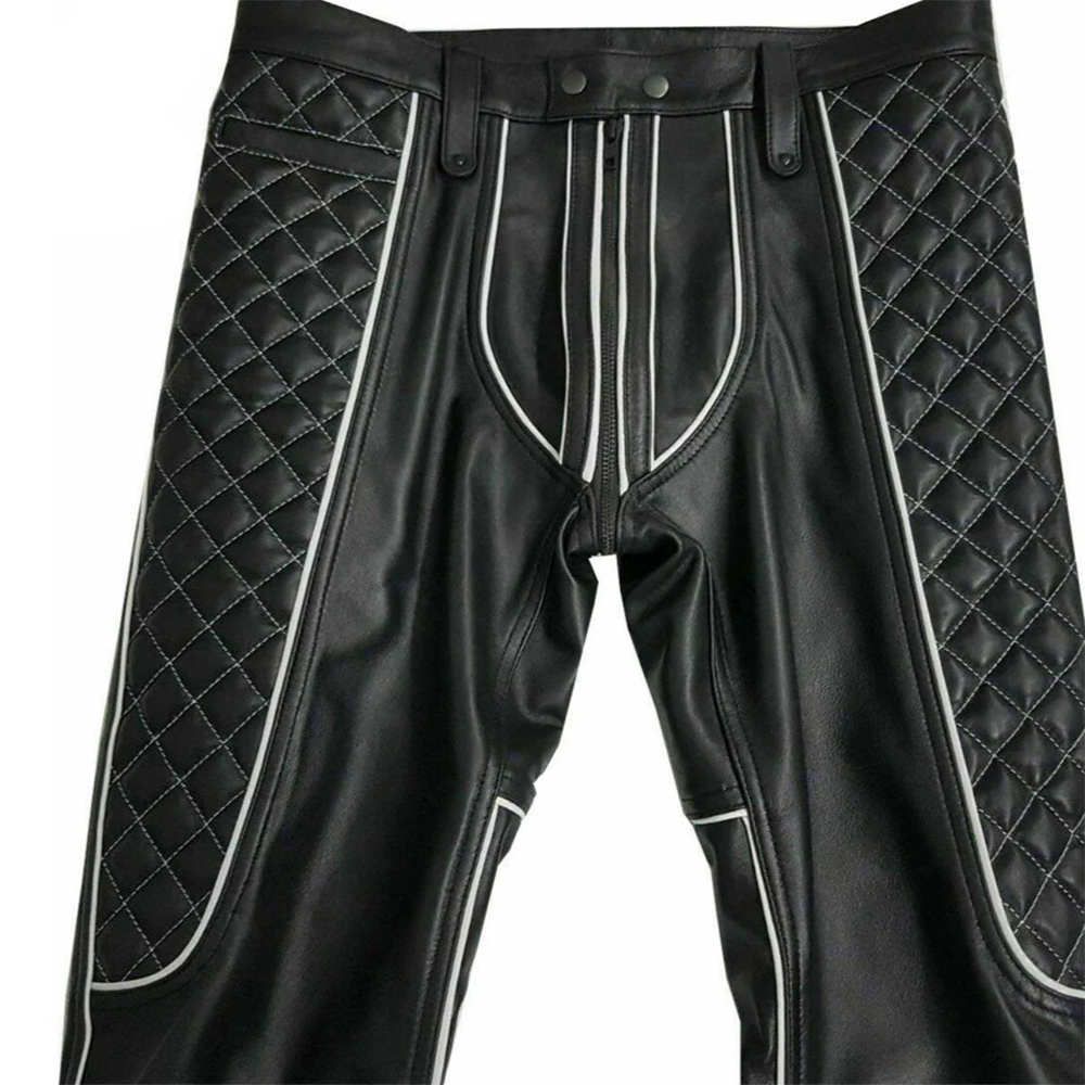 Men’s Quilted Cowhide Leather Biker Pants with Contrast Piping