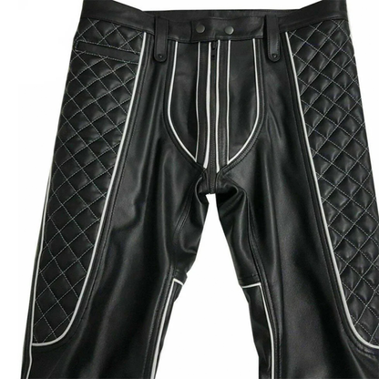Men’s Quilted Cowhide Leather Biker Pants with Contrast Piping