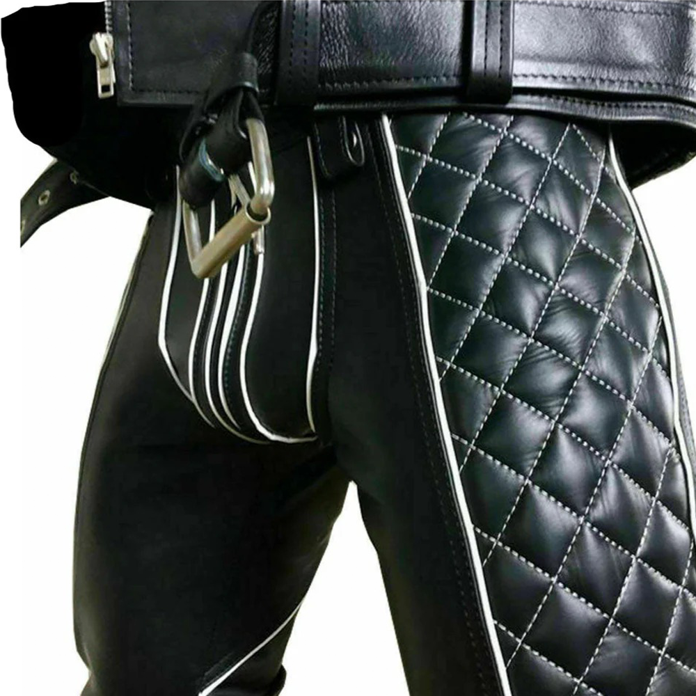 Men’s Quilted Cowhide Leather Biker Pants with Contrast Piping