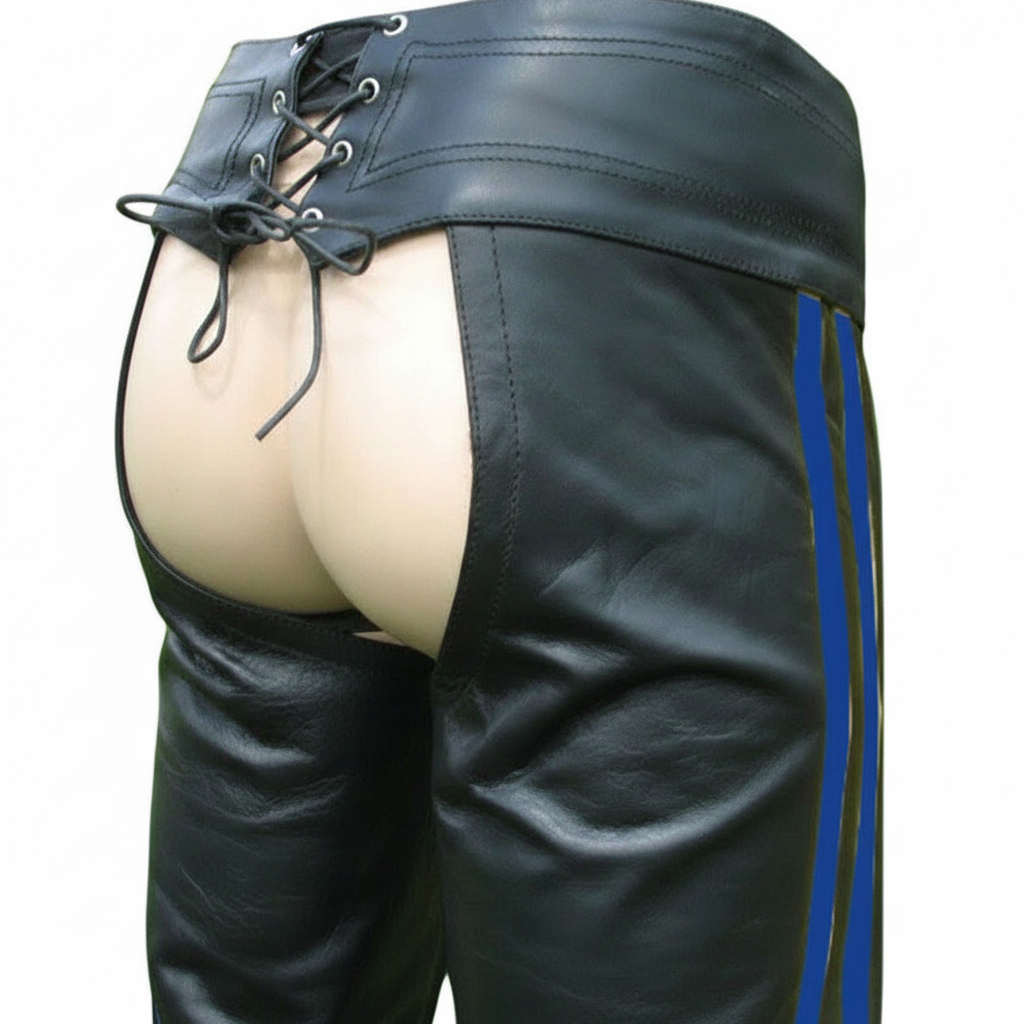 Men’s Cowhide Leather Biker Chaps – Detachable Codpiece & Striped Design