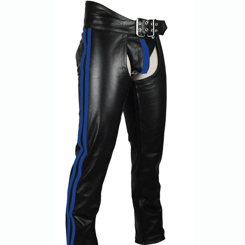 Men’s Cowhide Leather Biker Chaps – Detachable Codpiece & Striped Design