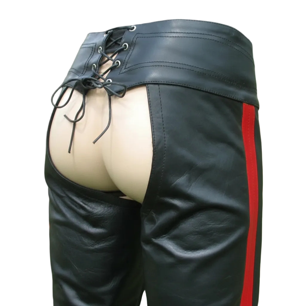 Men’s Cowhide Leather Biker Chaps – Detachable Codpiece & Striped Design