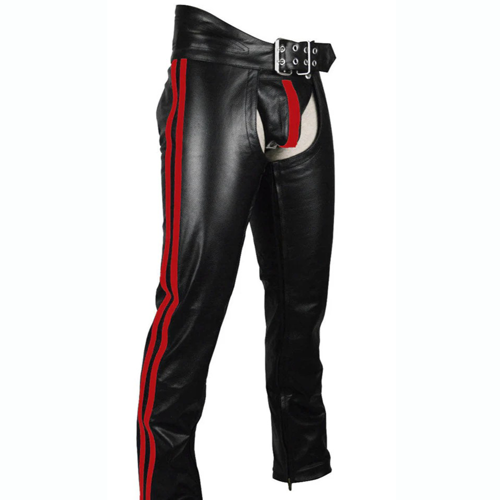 Men’s Cowhide Leather Biker Chaps – Detachable Codpiece & Striped Design
