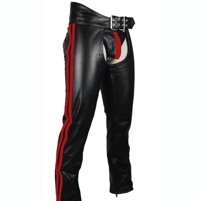 Men’s Cowhide Leather Biker Chaps – Detachable Codpiece & Striped Design