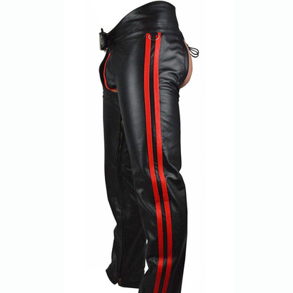Men’s Cowhide Leather Biker Chaps – Detachable Codpiece & Striped Design