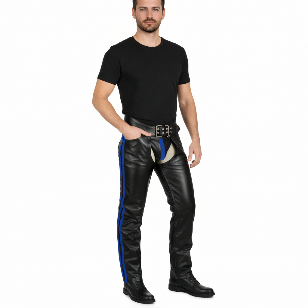 Men’s Cowhide Leather Biker Chaps – Detachable Codpiece & Striped Design