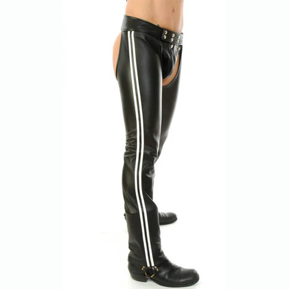 Men’s Cowhide Leather Biker Chaps – Detachable Codpiece & Striped Design