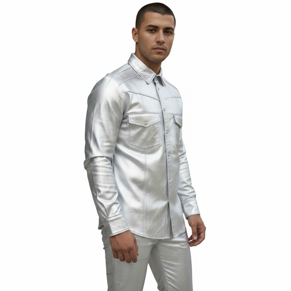 Man wearing a Lamb Leather  shiny white or Silver  Shiny shirt on a white background