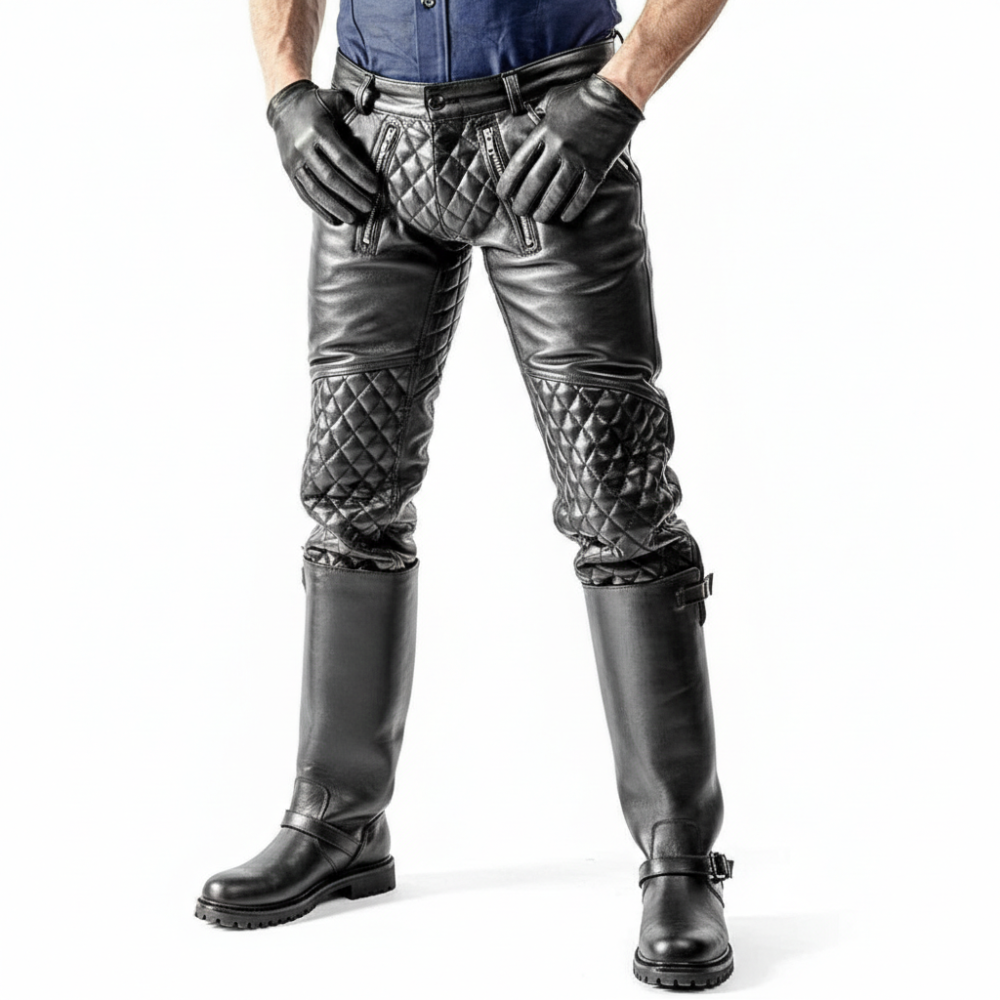 Men’s Quilted Cowhide Leather Carpenter Biker Pants
