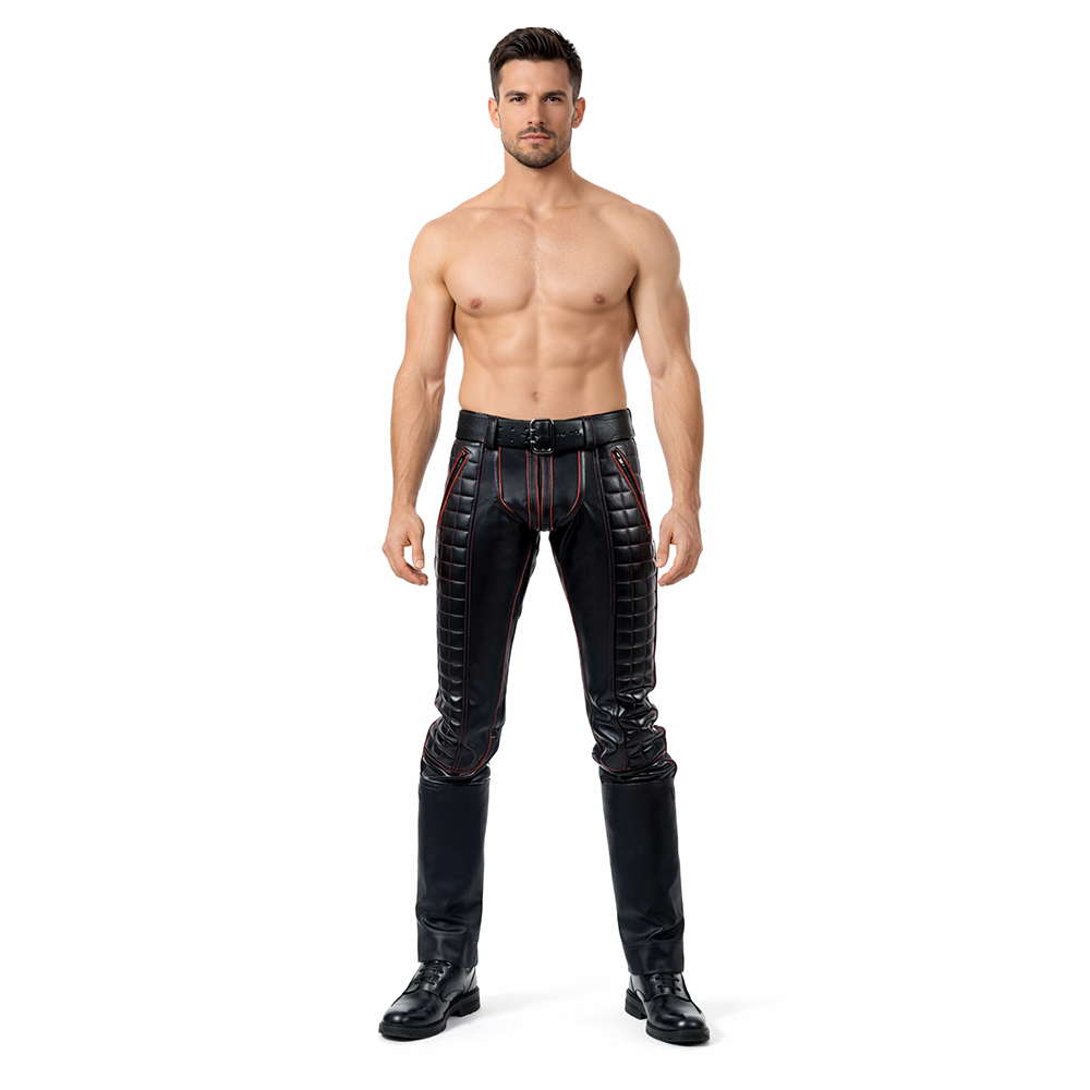Men’s Real Cowhide Leather Biker Pants with Quilted Panels & Color Piping