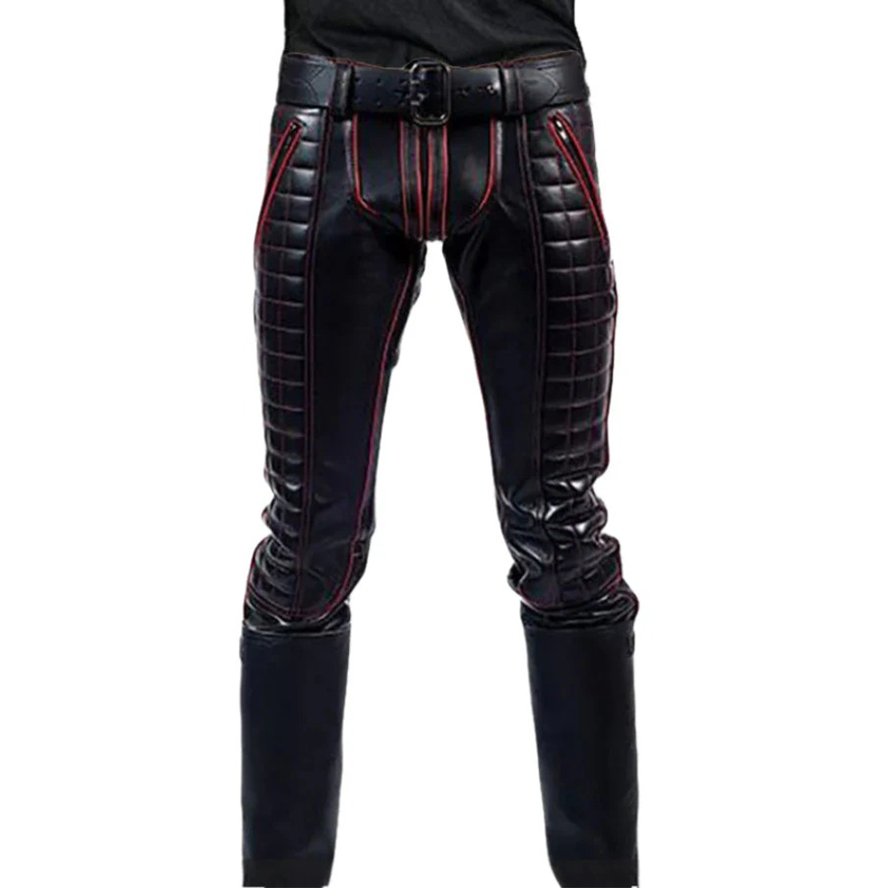Men’s Real Cowhide Leather Biker Pants with Quilted Panels & Color Piping