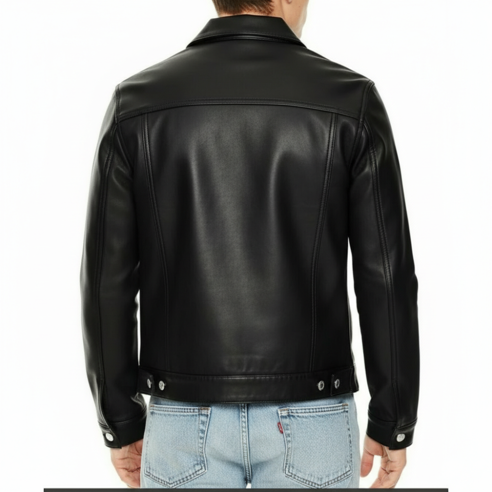 Black leather jacket worn by a person on a white background