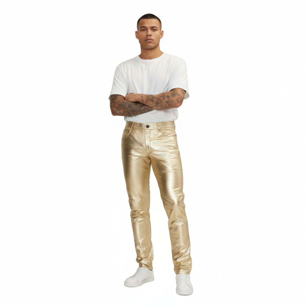 Men’s Shiny Metallic Gold Lamb Leather Slim Fit Pants