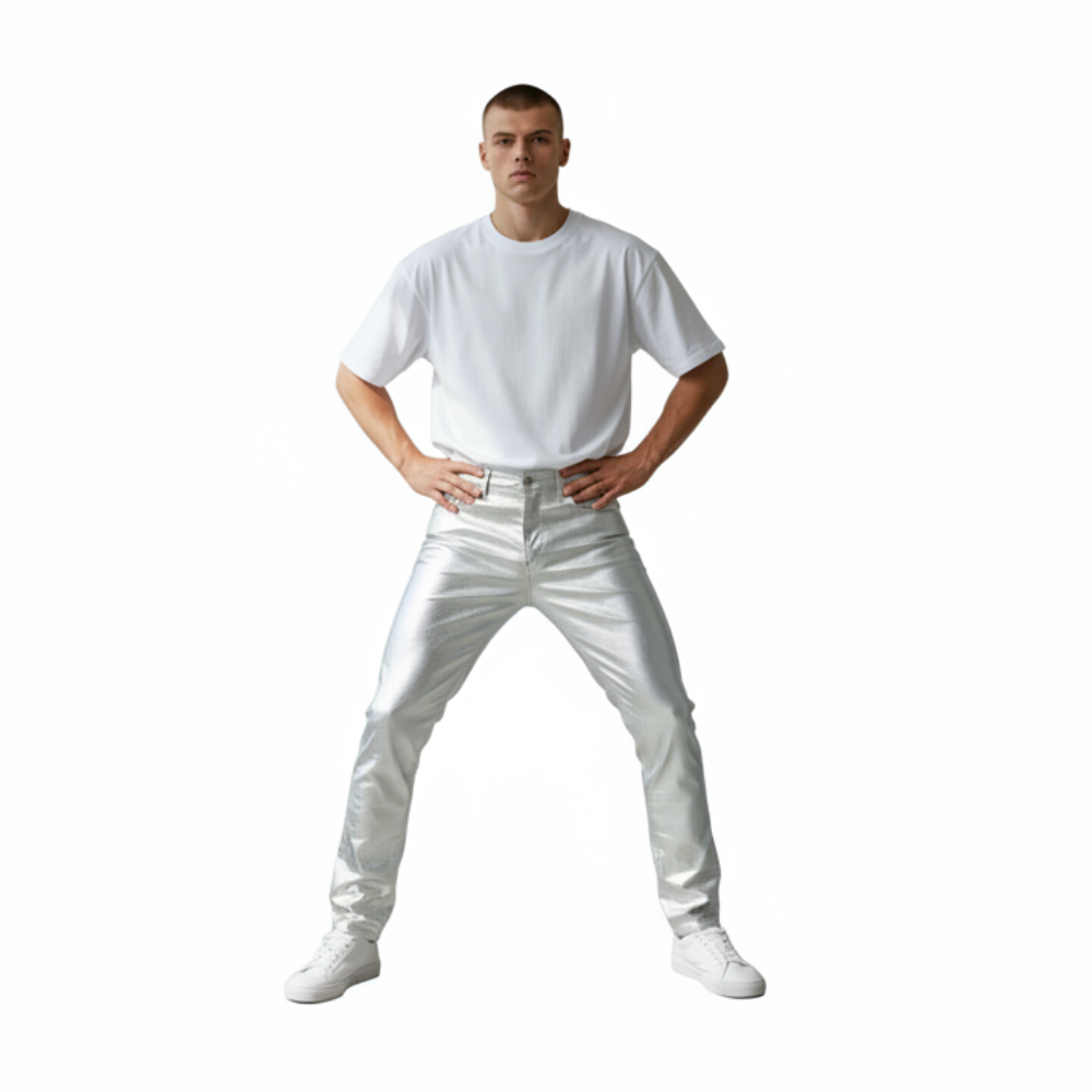 Person wearing a plain white t-shirt and pants on a white background