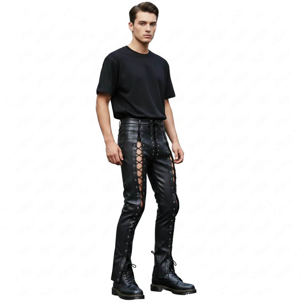 Men’s Slim Fit Cow Leather Pants with Lace‑Up Front Panels
