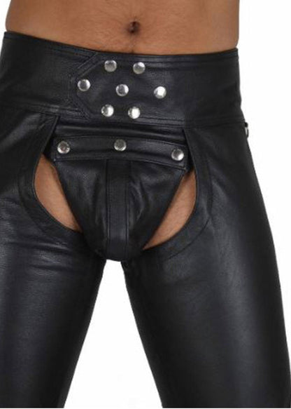 Men’s Nappa Leather Biker Chaps with Codpiece & Button Closure