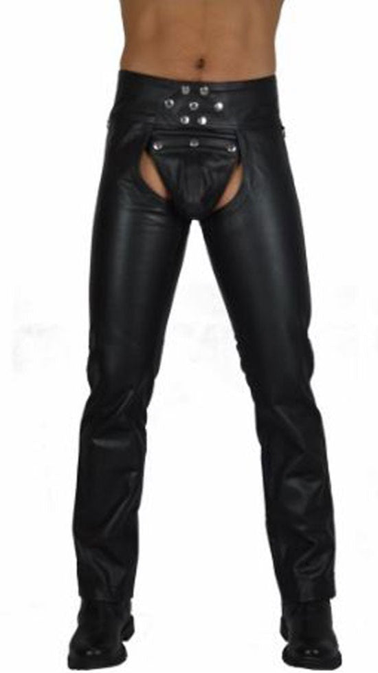 Men’s Nappa Leather Biker Chaps with Codpiece & Button Closure