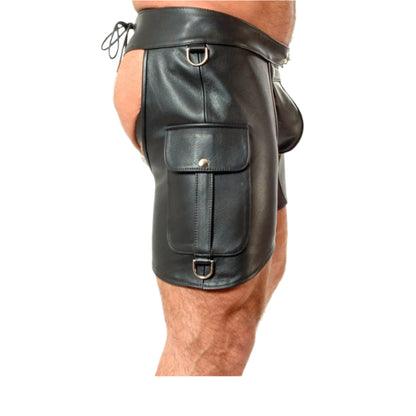 Men's Real Cowhide Black Leather Chaps with Jock Strap - Unique Style, Detachable Codpiece & Cargo Pockets