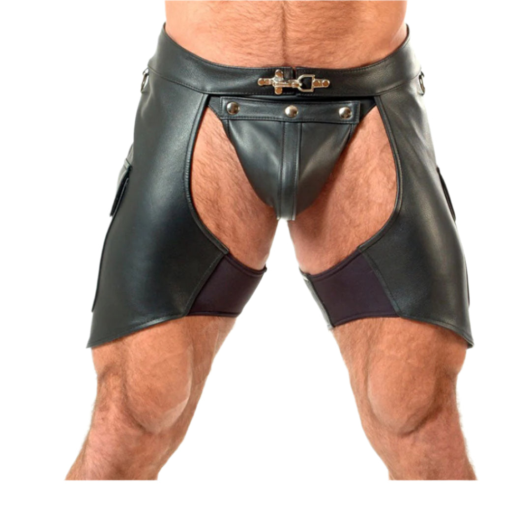 Men's Real Cowhide Black Leather Chaps with Jock Strap - Unique Style, Detachable Codpiece & Cargo Pockets