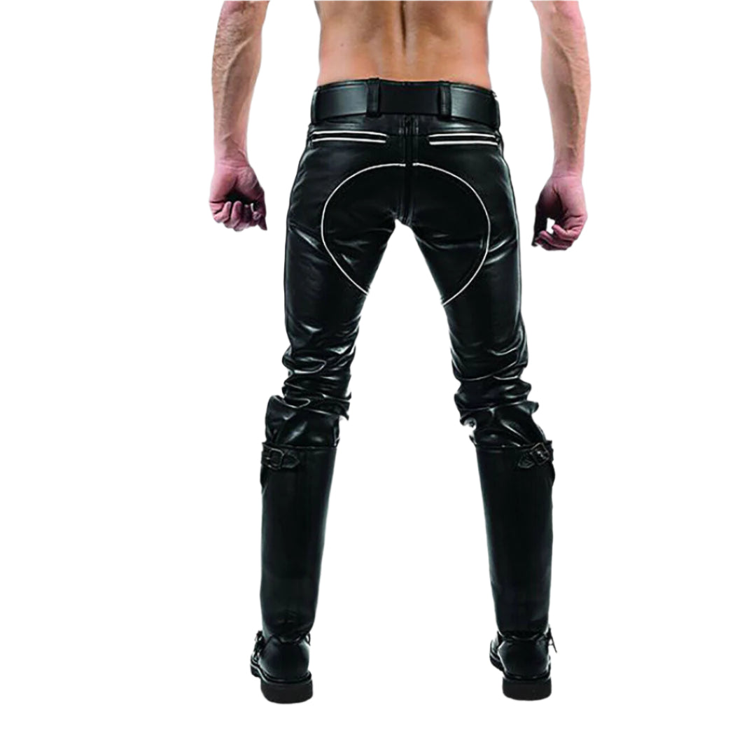 Men’s Real Leather Biker Pants with Color Piping – BLUF Style