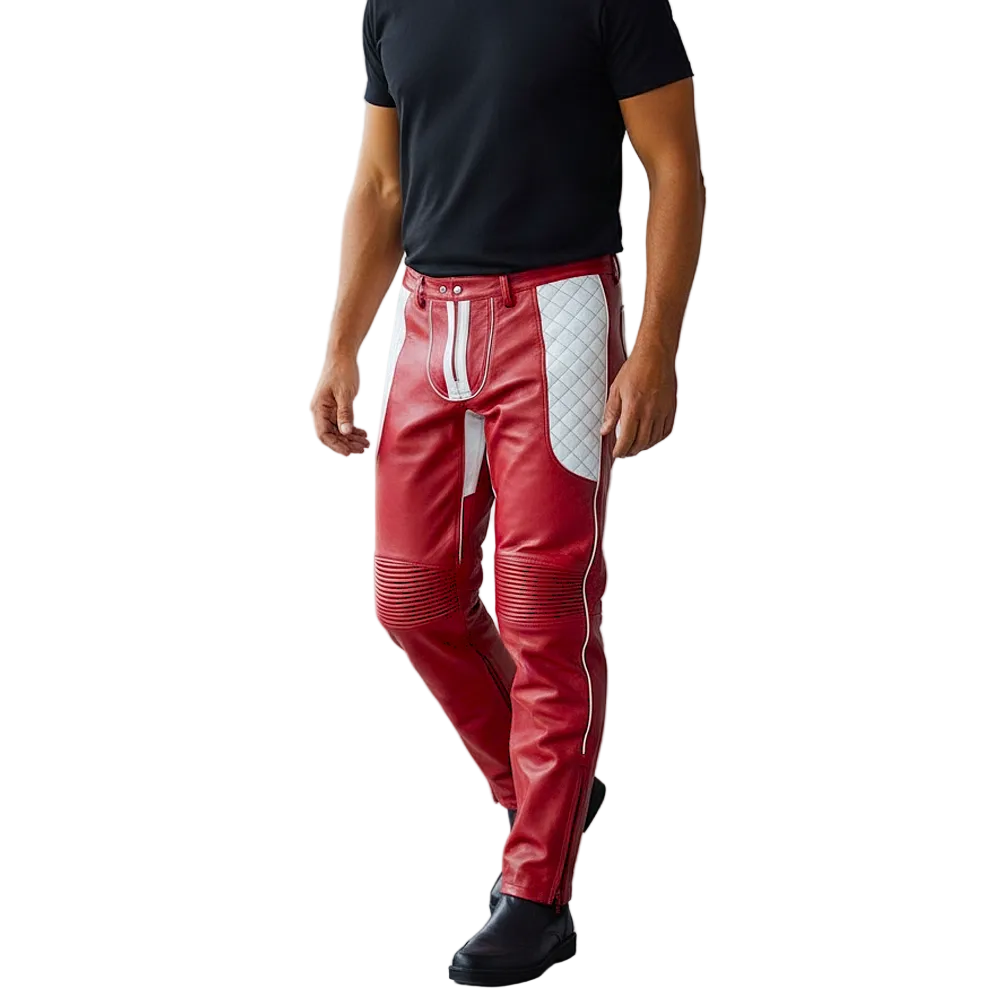 Men’s Red Slim Fit Leather Pants with Quilted Contrast BLUF Panels