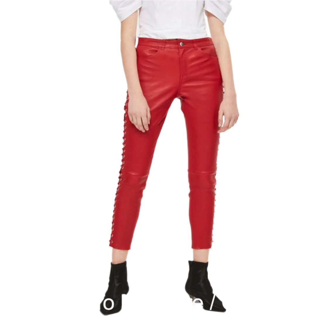 Women's Red Leather Slim Fit Pants with Side Lace-Up Detail