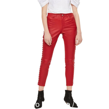 Women's Red Leather Slim Fit Pants with Side Lace-Up Detail