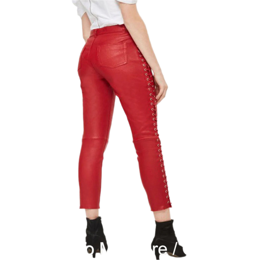 Women's Red Leather Slim Fit Pants with Side Lace-Up Detail