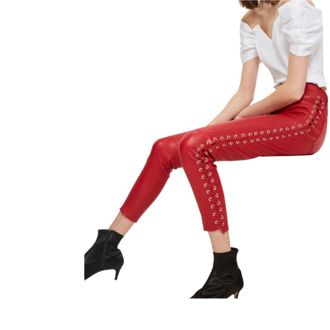 Women's Red Leather Slim Fit Pants with Side Lace-Up Detail