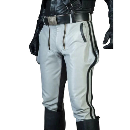 Men’s White Leather Jodhpur Breeches – Black Striped Cowhide Pants