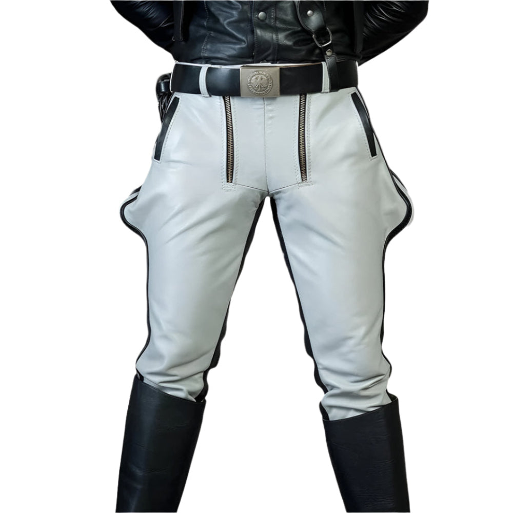 Men’s White Leather Jodhpur Breeches – Black Striped Cowhide Pants