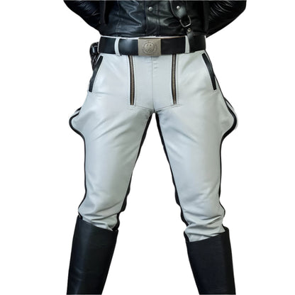 Men’s White Leather Jodhpur Breeches – Black Striped Cowhide Pants