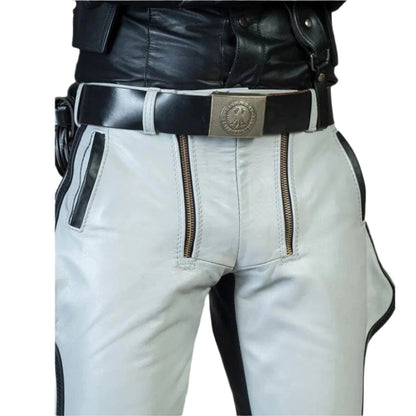 Men’s White Leather Jodhpur Breeches – Black Striped Cowhide Pants