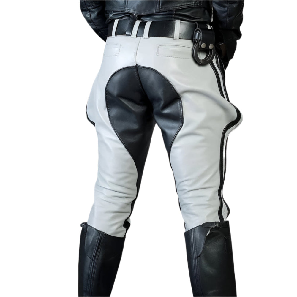 Men’s White Leather Jodhpur Breeches – Black Striped Cowhide Pants