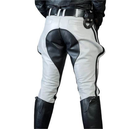 Men’s White Leather Jodhpur Breeches – Black Striped Cowhide Pants