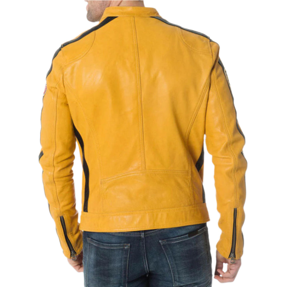 Men’s Yellow Cowhide Leather Biker Jacket – Red & Black Striped Motorcycle Style