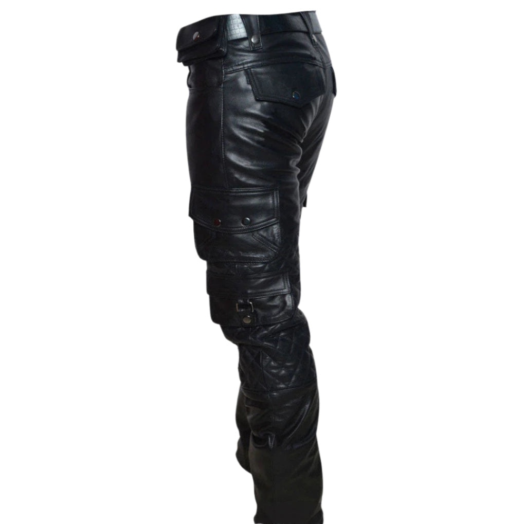 Men’s Cowhide Biker Pants – Quilted Cargo Leather Trousers